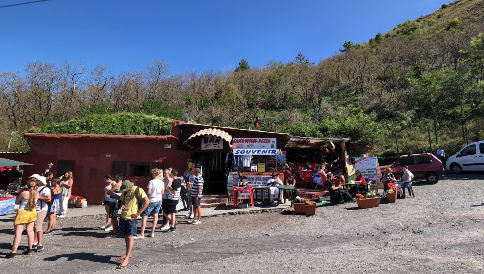 The cafe and souvenir stand in the car park where the buses stop, below the crater of Vesuvius
